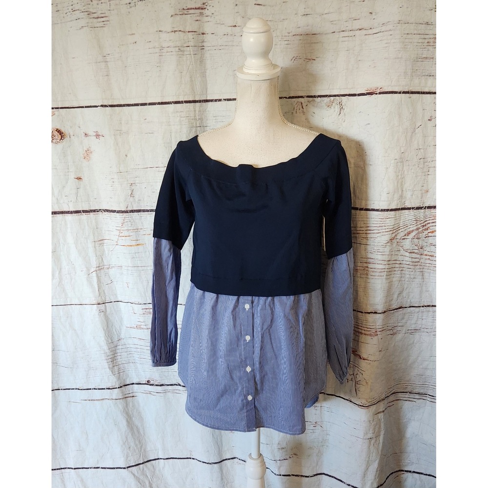 Trouve Nordstrom Off the Shoulder Mixed Media Knit Pinstripe Top Size M NWT